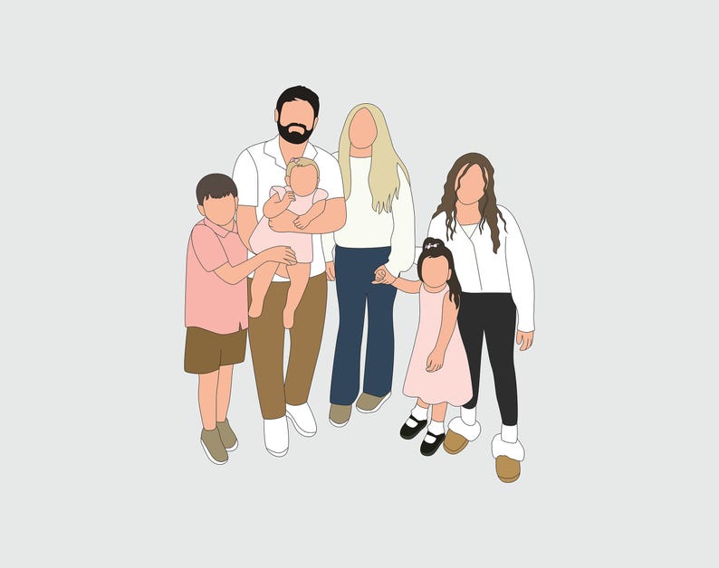 May include: Illustration of a family of six, depicted in a minimalist style. The figures are outlined in black, with solid color fills for their clothing. The color palette includes pink, brown, white, and black. The family is standing together, suggesting a portrait.