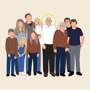 May include: Illustration of a family of eleven people, depicted in a minimalist style. The figures are wearing various outfits in shades of brown, blue, and white, with a soft yellow sun-like shape in the background.