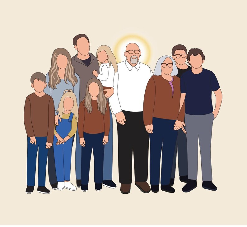 May include: Illustration of a family of eleven people, depicted in a minimalist style. The figures are wearing various outfits in shades of brown, blue, and white, with a soft yellow sun-like shape in the background.