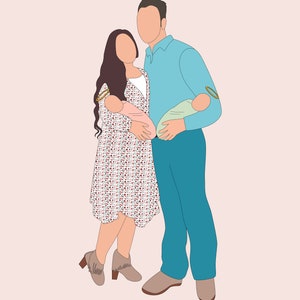 Pu&ograve; includere: Illustrazione digitale di una famiglia di quattro persone. Una donna con un vestito floreale e stivali con frange &egrave; in piedi accanto a un uomo con una camicia e pantaloni blu. Ognuno tiene in braccio un bambino, uno rosa e uno verde, su sfondo rosa chiaro.