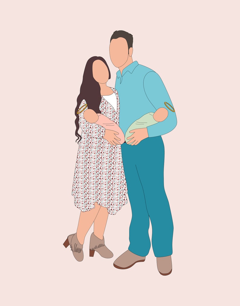 Pu&ograve; includere: Illustrazione digitale di una famiglia di quattro persone. Una donna con un vestito floreale e stivali con frange &egrave; in piedi accanto a un uomo con una camicia e pantaloni blu. Ognuno tiene in braccio un bambino, uno rosa e uno verde, su sfondo rosa chiaro.