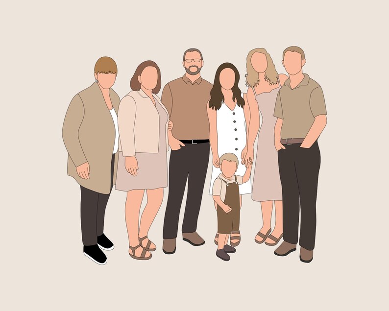 May include: Illustration of a family of seven, depicted in a minimalist style with neutral tones. The figures are outlined in black, with solid color fills for their clothing. The color palette includes shades of brown, beige, and white, creating a cohesive and modern aesthetic.