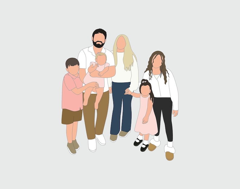 May include: Illustration of a family of six, rendered in a minimalist style. The figures are depicted with simplified features and solid colors. The color palette includes shades of pink, brown, white, and black, set against a light gray background.