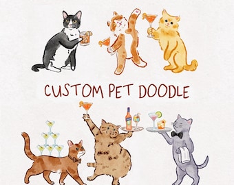 Pet Portrait Martini Edition,Signature Drink Sign, Cat doodle, Dog Watercolor,  Cocktail Wedding Bar