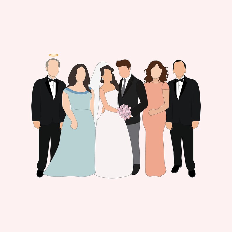 May include: Illustration of a wedding party. The bride wears a white gown and veil, holding a bouquet. The groom and groomsmen wear black tuxedos. Bridesmaids wear light blue and peach dresses. A gold halo is above one person's head.