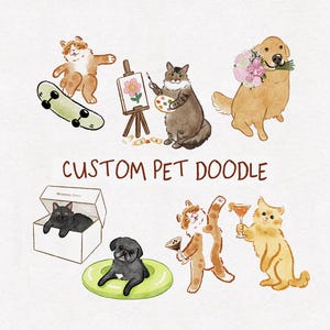 Op de afbeelding: Een verzameling aquarelillustraties van huisdieren met katten en honden en de tekst CUSTOM PET DOODLE. De afbeeldingen tonen een kat op een skateboard, een schilderende kat, een hond met bloemen, een kat in een doos, een hond op een zwemband en katten met drankjes.