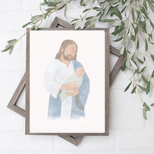 Jesus Holding Newborn Baby Watercolor Print, Miscarriage Art, Bible Wall Art, LDS Baptism Digital Download