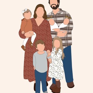 Pu&ograve; includere: Illustrazione digitale di una famiglia di sette persone. La madre indossa un abito floreale rosso e il padre una camicia a quadri. I bambini indossano vari abiti, tra cui un vestito floreale, una maglietta grigia e un completo marrone. Due neonati sono tenuti in braccio dal padre.