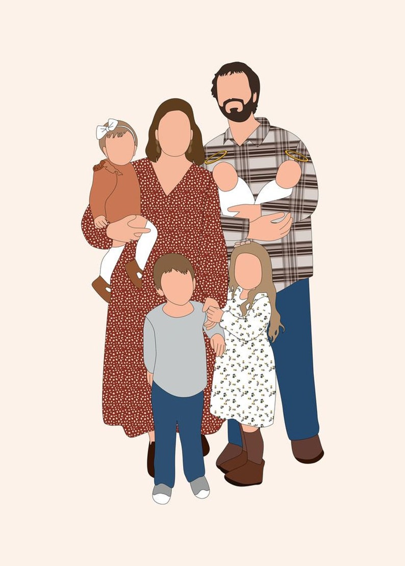 Pu&ograve; includere: Illustrazione digitale di una famiglia di sette persone. La madre indossa un abito floreale rosso e il padre una camicia a quadri. I bambini indossano vari abiti, tra cui un vestito floreale, una maglietta grigia e un completo marrone. Due neonati sono tenuti in braccio dal padre.