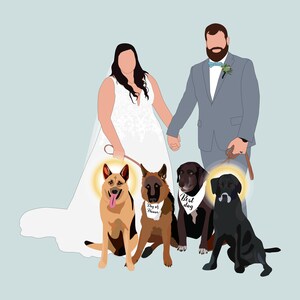 May include: Digital illustration of a wedding couple holding hands, with four dogs in front. The dogs wear bandanas that say "Dog of Honor" and "Best Dog". The couple and dogs have halos.