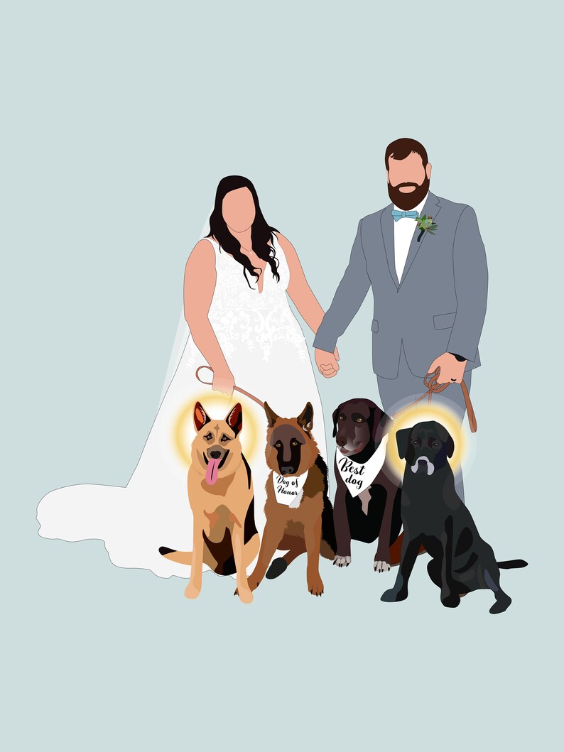 May include: Digital illustration of a wedding couple holding hands, with four dogs in front. The dogs wear bandanas that say "Dog of Honor" and "Best Dog". The couple and dogs have halos.