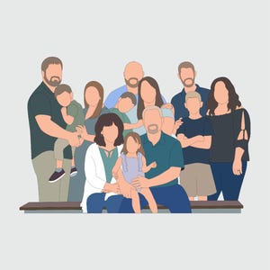 May include: A digital illustration of a family of eleven people, rendered in a minimalist style with flat colors. The figures are standing and seated, with a neutral gray background. The family members are wearing various shades of blue, green, and neutral tones.
