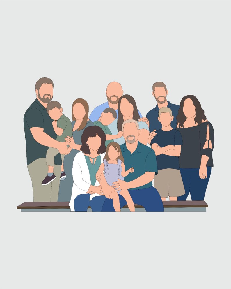May include: A digital illustration of a family of eleven people, rendered in a minimalist style with flat colors. The figures are standing and seated, with a neutral gray background. The family members are wearing various shades of blue, green, and neutral tones.
