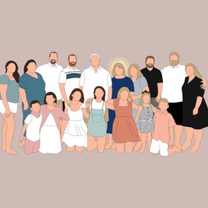 May include: A group portrait of people, rendered in a minimalist style. The figures are depicted with simplified shapes and outlines, wearing various outfits in a muted color palette. The background is a solid, neutral color.