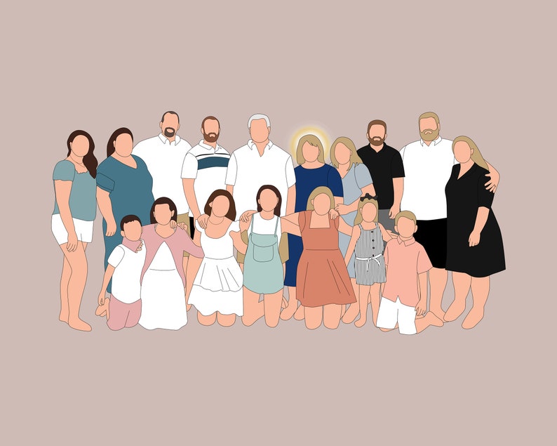 May include: A group portrait of people, rendered in a minimalist style. The figures are depicted with simplified shapes and outlines, wearing various outfits in a muted color palette. The background is a solid, neutral color.