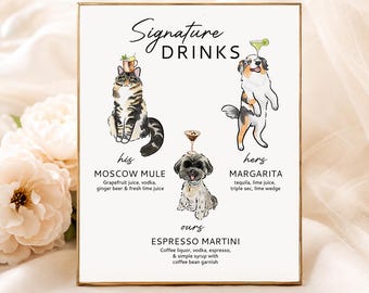 Wedding Bar Menu, Signature Cocktail Sign, Pet doodle, His and Her Drinks