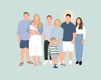 Custom Family Portrait Illustration Memorial Drawing Line Art, Angel Baby Halo, Miscarriage keepsake