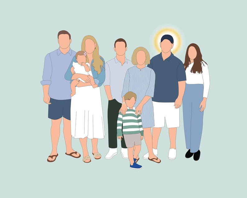 May include: A digital illustration of a family of eight, depicted in a minimalist style. The figures are outlined in black, with solid color fills for their clothing and skin tones. The color palette includes shades of blue, white, and tan, set against a light blue background.