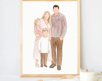 Retrato familiar personalizado sin rostro, pintura en acuarela, regalo para mamá