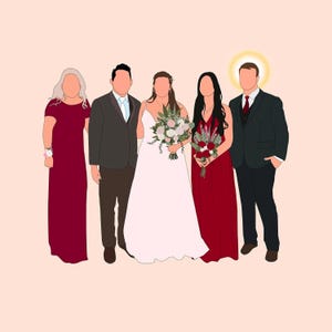 May include: Digital illustration of a wedding party. The bride wears a white dress and holds a bouquet. The wedding party includes a man in a black suit, a woman in a red dress, and another woman in a red dress. The background is a light peach color.