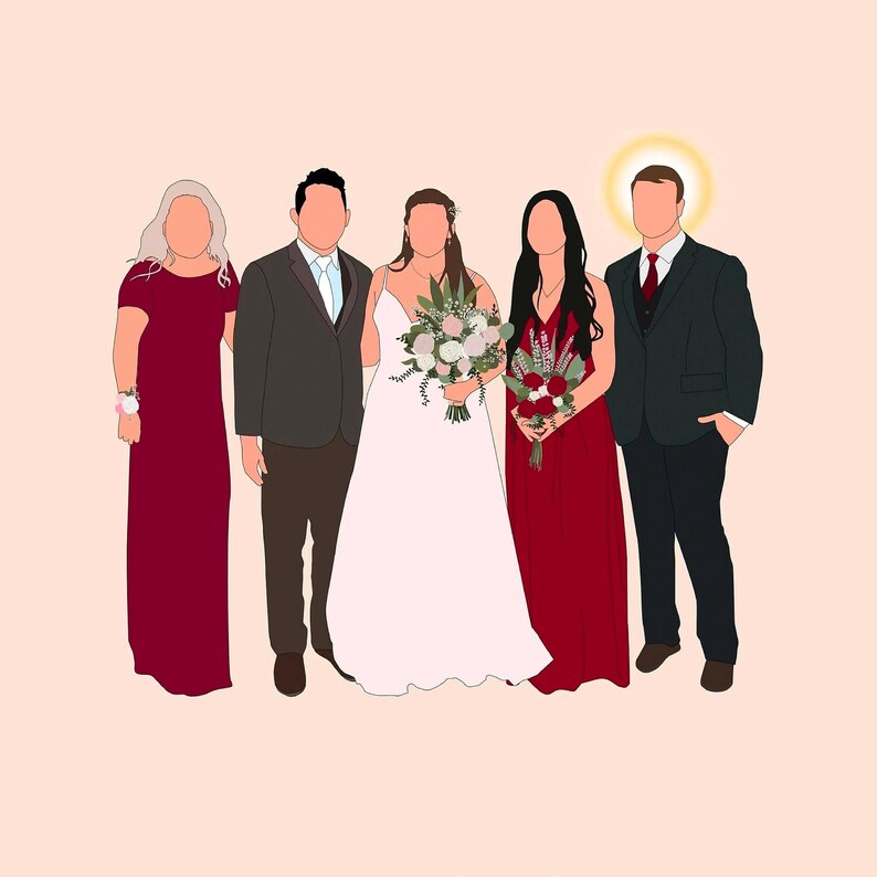 May include: Digital illustration of a wedding party. The bride wears a white dress and holds a bouquet. The wedding party includes a man in a black suit, a woman in a red dress, and another woman in a red dress. The background is a light peach color.