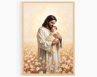 Safe With Him, Jesus Holding Baby Painting, Pregnancy & Infant Loss, Christian Wall Art