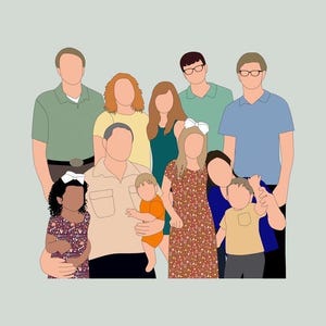 May include: A digital illustration of a family of nine people. The figures are depicted with simplified features and clothing in various colors, including green, blue, orange, and floral patterns. The background is a solid light gray.