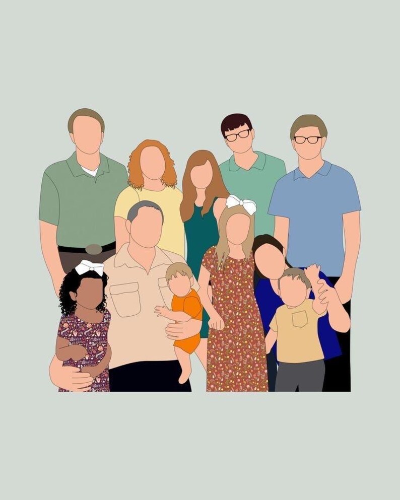 May include: A digital illustration of a family of nine people. The figures are depicted with simplified features and clothing in various colors, including green, blue, orange, and floral patterns. The background is a solid light gray.