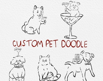 Custom Pet Portrait Martini Edition, Hand draw line art, Dog Doodle, Signature Cocktail Wedding
