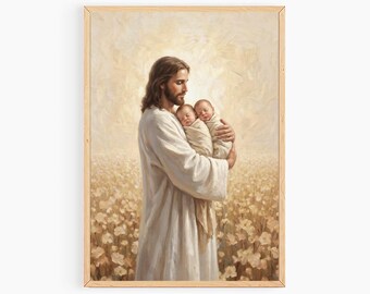 Safe With Him, Jesus & Twin Babies art, Miscarriage Gift, Infant Loss, Memorial Keepsake