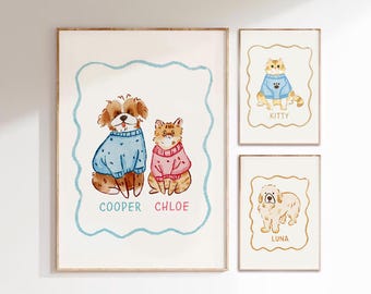 Custom Pet Doodle, Funky Pet Portrait, Dog Cat Watercolor