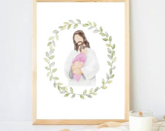 Jesus Christ Holding Baby Girl Miscarriage Grief Watercolor Digital Download