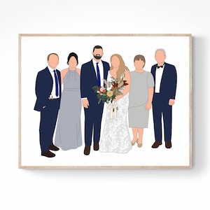 May include: A framed print featuring a stylized illustration of a wedding party. The group includes a bride in a white dress, a groom in a navy suit, and other family members. The bride holds a bouquet of flowers. The artwork has a minimalist style.