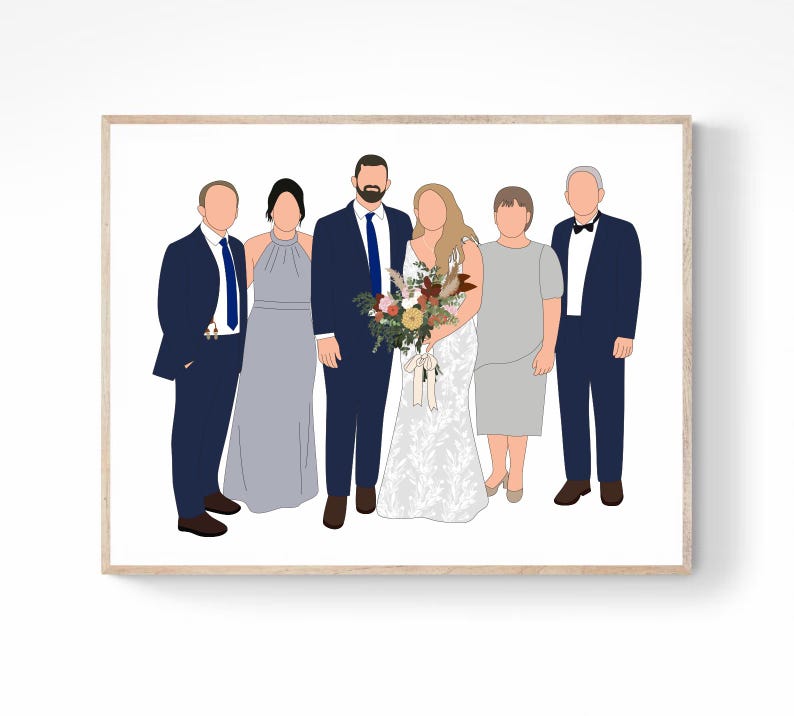 May include: A framed print featuring a stylized illustration of a wedding party. The group includes a bride in a white dress, a groom in a navy suit, and other family members. The bride holds a bouquet of flowers. The artwork has a minimalist style.
