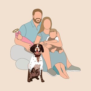 Pu&ograve; includere: Illustrazione digitale di una famiglia con un cane. La famiglia comprende un uomo con una camicia blu, una donna con un vestito blu e due bambini. Un cane marrone e bianco &egrave; seduto di fronte a loro. Il bambino ha un'aureola.