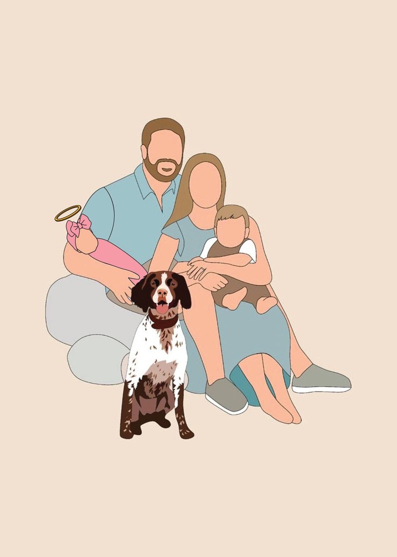 Pu&ograve; includere: Illustrazione digitale di una famiglia con un cane. La famiglia comprende un uomo con una camicia blu, una donna con un vestito blu e due bambini. Un cane marrone e bianco &egrave; seduto di fronte a loro. Il bambino ha un'aureola.