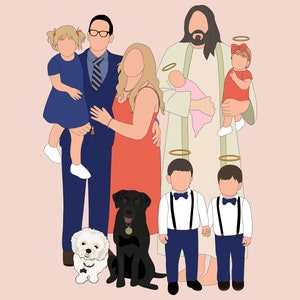 Pu&ograve; includere: Illustrazione digitale di una famiglia e dei suoi animali domestici, resa in uno stile minimalista. La famiglia comprende due adulti, tre bambini e due cani. La tavolozza dei colori &egrave; tenue, con sfumature di blu, rosso e beige su uno sfondo rosa.