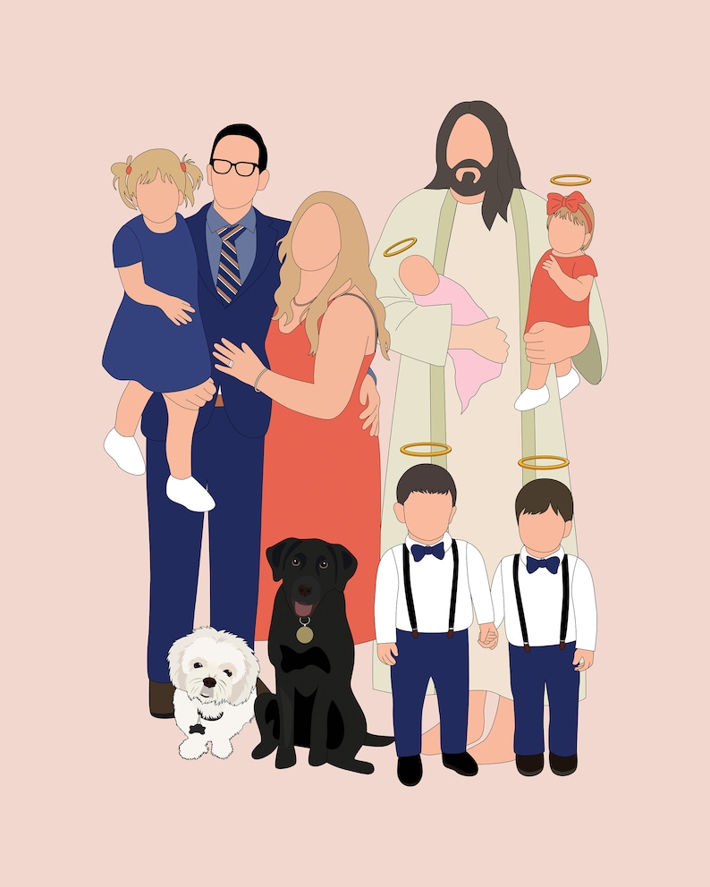 Pu&ograve; includere: Illustrazione digitale di una famiglia e dei suoi animali domestici, resa in uno stile minimalista. La famiglia comprende due adulti, tre bambini e due cani. La tavolozza dei colori &egrave; tenue, con sfumature di blu, rosso e beige su uno sfondo rosa.