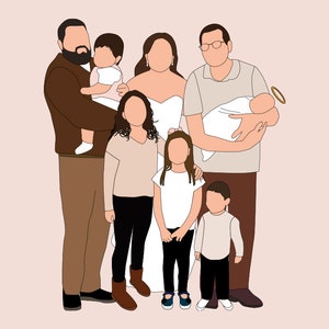 Pu&ograve; includere: Un'illustrazione digitale di una famiglia di otto persone, resa in uno stile minimalista. Le figure sono raffigurate con tratti semplificati e colori solidi, tra cui marrone, beige, nero e bianco. Lo sfondo &egrave; rosa tenue. La famiglia comprende adulti e bambini.