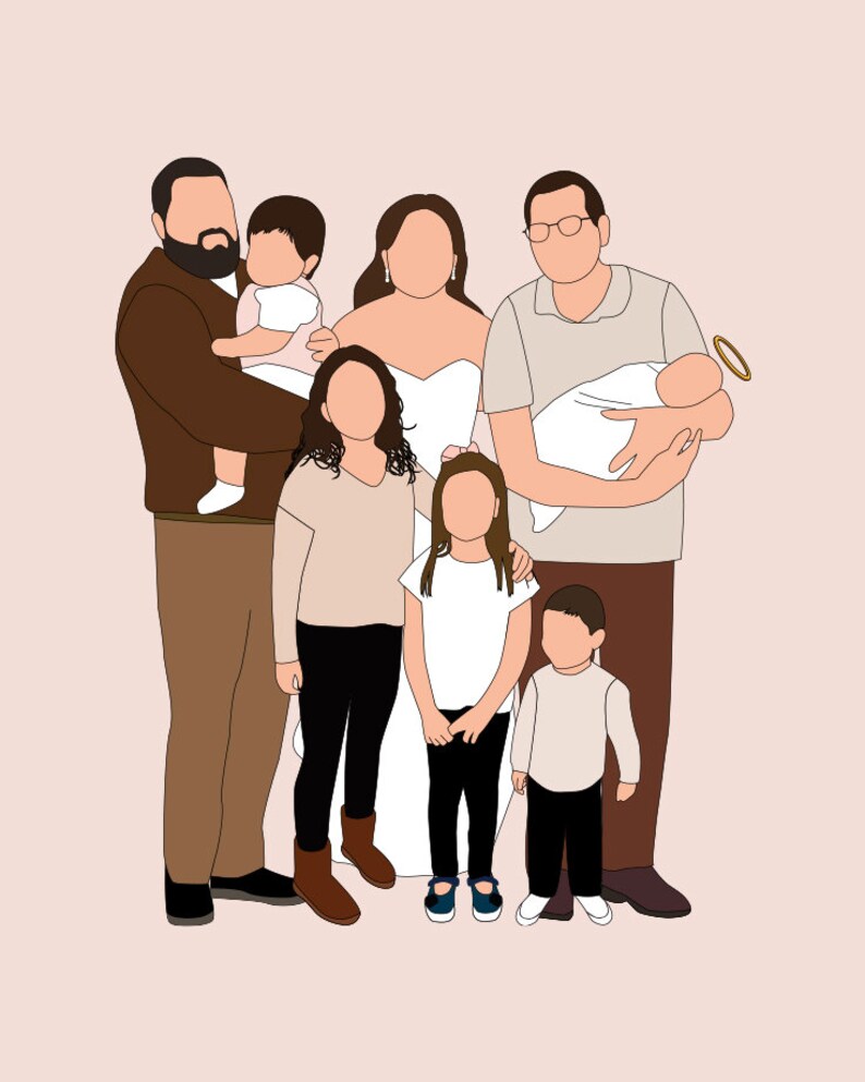 Pu&ograve; includere: Un'illustrazione digitale di una famiglia di otto persone, resa in uno stile minimalista. Le figure sono raffigurate con tratti semplificati e colori solidi, tra cui marrone, beige, nero e bianco. Lo sfondo &egrave; rosa tenue. La famiglia comprende adulti e bambini.