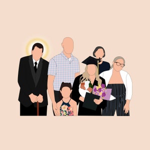May include: Illustration of a family group. A person in a graduation cap holds flowers and a diploma. Others are in formal and casual attire. The background is a light peach color.