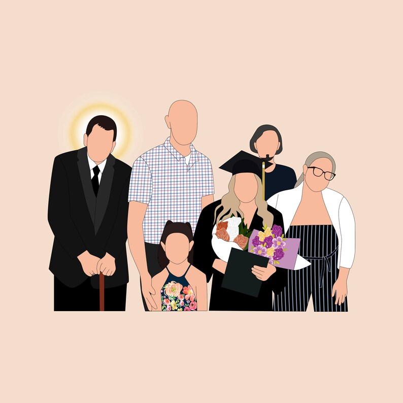 May include: Illustration of a family group. A person in a graduation cap holds flowers and a diploma. Others are in formal and casual attire. The background is a light peach color.