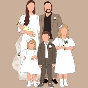 Pu&ograve; includere: Illustrazione di un ritratto di famiglia. Mostra una madre in abito bianco che tiene in braccio un bambino, un padre in giacca e cravatta e tre bambini in abiti formali. Lo stile minimalista utilizza una palette di colori neutri, adatta per ritratti personalizzati.