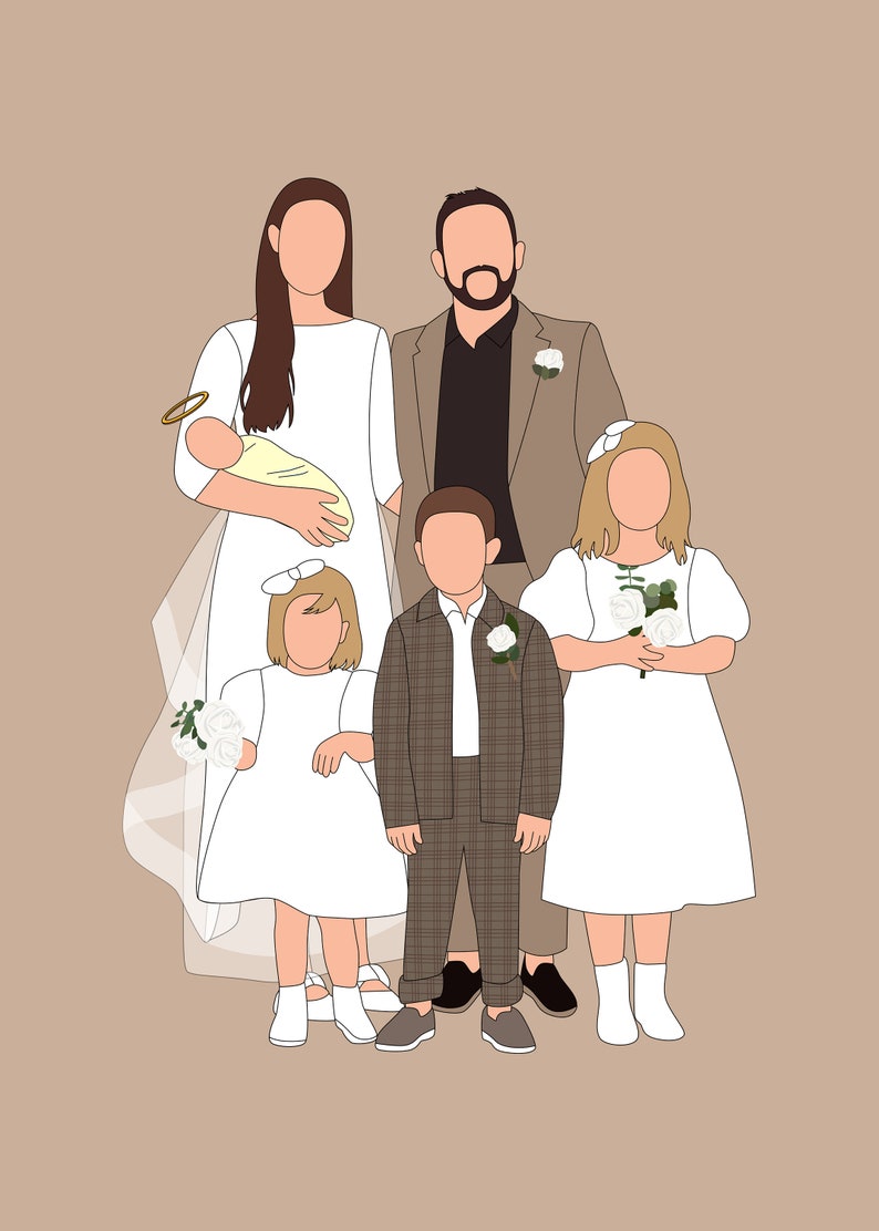 Pu&ograve; includere: Illustrazione di un ritratto di famiglia. Mostra una madre in abito bianco che tiene in braccio un bambino, un padre in giacca e cravatta e tre bambini in abiti formali. Lo stile minimalista utilizza una palette di colori neutri, adatta per ritratti personalizzati.