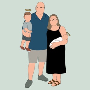 Pu&ograve; includere: Illustrazione digitale di una famiglia di quattro persone, raffigurata in uno stile minimalista. Il padre indossa una polo blu e pantaloncini grigi, tenendo in braccio un bambino. La madre indossa un vestito nero e tiene in braccio un bambino. Tutte le figure hanno aloni.