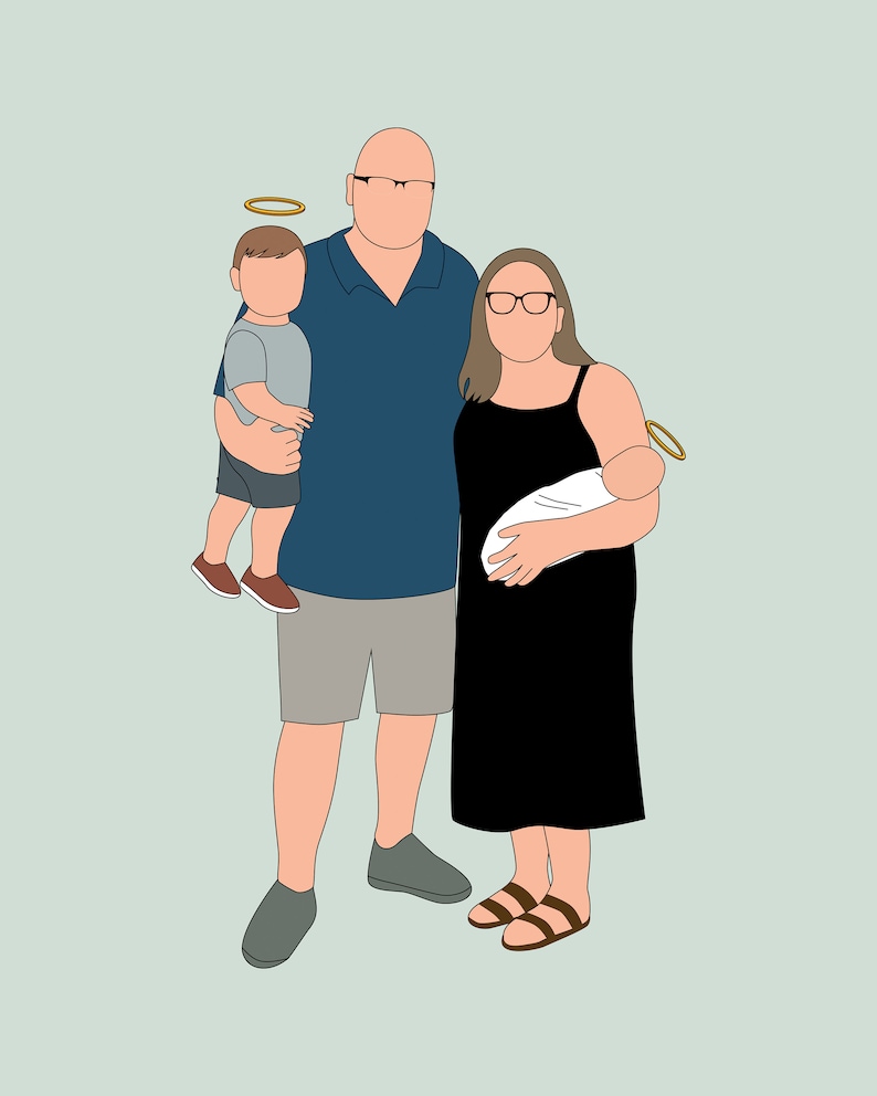Pu&ograve; includere: Illustrazione digitale di una famiglia di quattro persone, raffigurata in uno stile minimalista. Il padre indossa una polo blu e pantaloncini grigi, tenendo in braccio un bambino. La madre indossa un vestito nero e tiene in braccio un bambino. Tutte le figure hanno aloni.