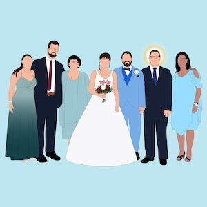 May include: Illustration of a wedding party of seven people. The bride wears a white gown and holds a bouquet. The groom and groomsmen wear suits in shades of blue and navy. Bridesmaids wear teal and light blue dresses. The background is a light blue.