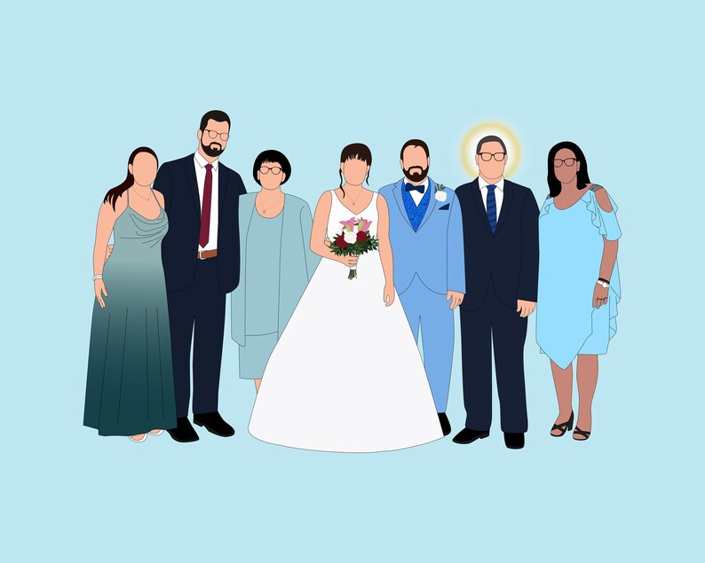 May include: Illustration of a wedding party of seven people. The bride wears a white gown and holds a bouquet. The groom and groomsmen wear suits in shades of blue and navy. Bridesmaids wear teal and light blue dresses. The background is a light blue.