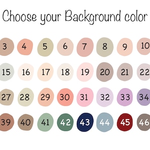 Pu&ograve; includere: Immagine con il testo "Scegli il tuo colore di sfondo" sopra 48 campioni di colore numerati. I colori variano dai pastelli chiari alle tonalit&agrave; pi&ugrave; scure, tra cui verdi, blu, rosa e marroni.