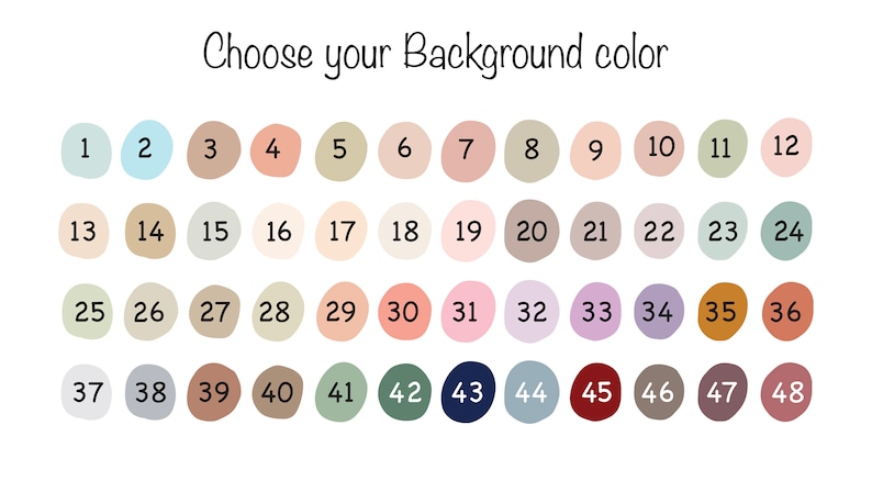 Pu&ograve; includere: Immagine con il testo "Scegli il tuo colore di sfondo" sopra 48 campioni di colore numerati. I colori variano dai pastelli chiari alle tonalit&agrave; pi&ugrave; scure, tra cui verdi, blu, rosa e marroni.